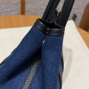 Hermes Neo Garden Party 23 Bag Handmade In Negonda Calfskin Leather And Canbas Silver Hardware Denim Moyen Noir - Image 10