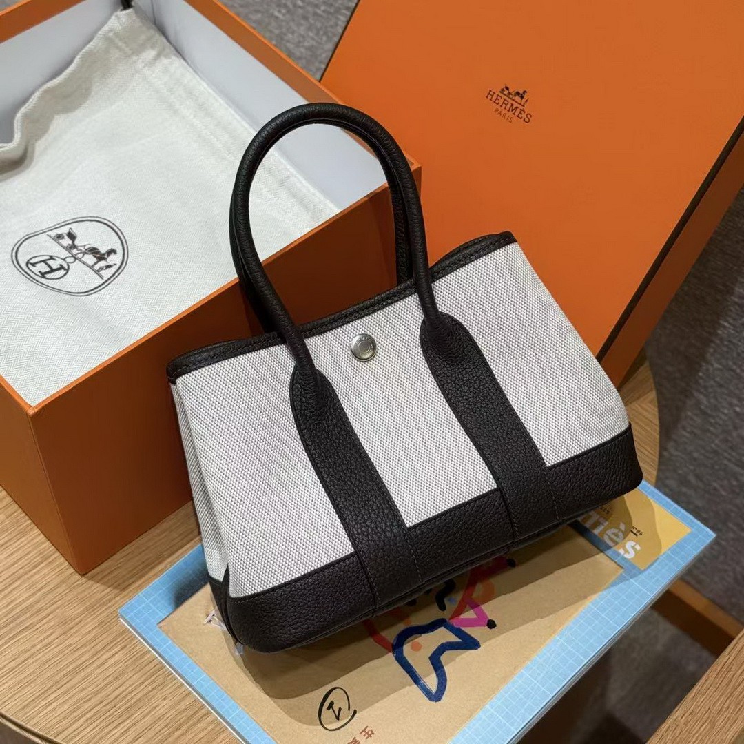 Hermes Neo Garden Party 23 Bag Handmade In Negonda Calfskin Leather And Canbas Silver Hardware Ecru Beige Ebene - Image 5