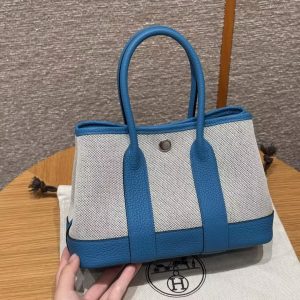 Hermes Neo Garden Party 23 Bag Handmade In Negonda Calfskin Leather And Canbas Silver Hardware Ecru Noir Bleu Outremer