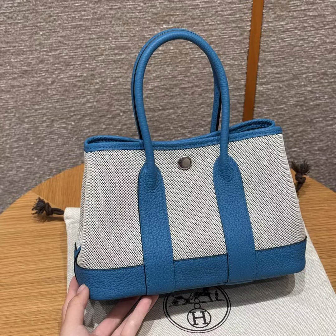 Hermes Neo Garden Party 23 Bag Handmade In Negonda Calfskin Leather And Canbas Silver Hardware Ecru Noir Bleu Outremer