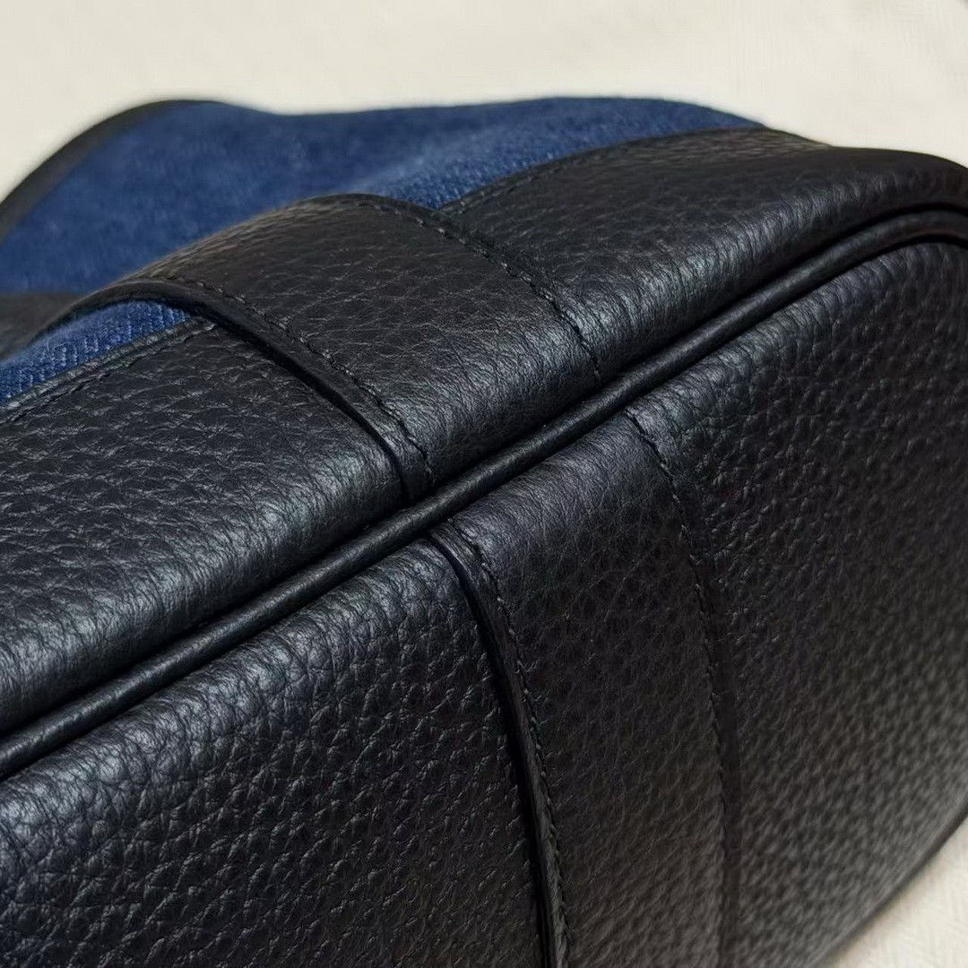 Hermes Neo Garden Party 23 Bag Handmade In Negonda Calfskin Leather And Canbas Silver Hardware Denim Moyen Noir - Image 9