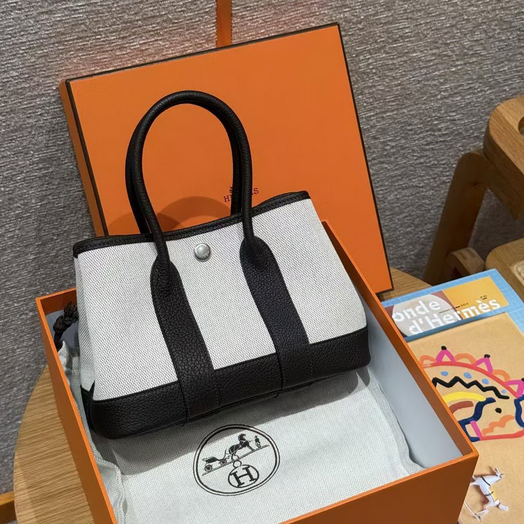 Hermes Neo Garden Party 23 Bag Handmade In Negonda Calfskin Leather And Canbas Silver Hardware Ecru Beige Ebene - Image 4