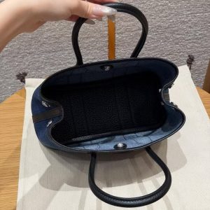 Hermes Neo Garden Party 23 Bag Handmade In Negonda Calfskin Leather And Canbas Silver Hardware Denim Moyen Noir - Image 17