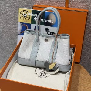 Hermes Neo Garden Party 23 Bag Handmade In Negonda Calfskin Leather And Canbas Silver Hardware Ecru Blue Glacier Gris Pantin - Image 3
