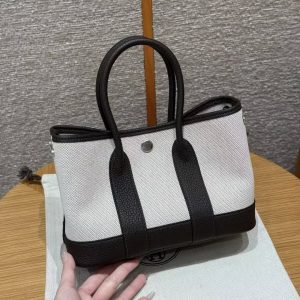 Hermes Neo Garden Party 23 Bag Handmade In Negonda Calfskin Leather And Canbas Silver Hardware Ecru Beige Ebene - Image 13