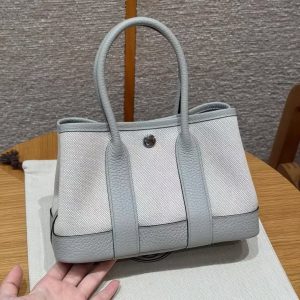 Hermes Neo Garden Party 23 Bag Handmade In Negonda Calfskin Leather And Canbas Silver Hardware Ecru Blue Glacier Gris Pantin