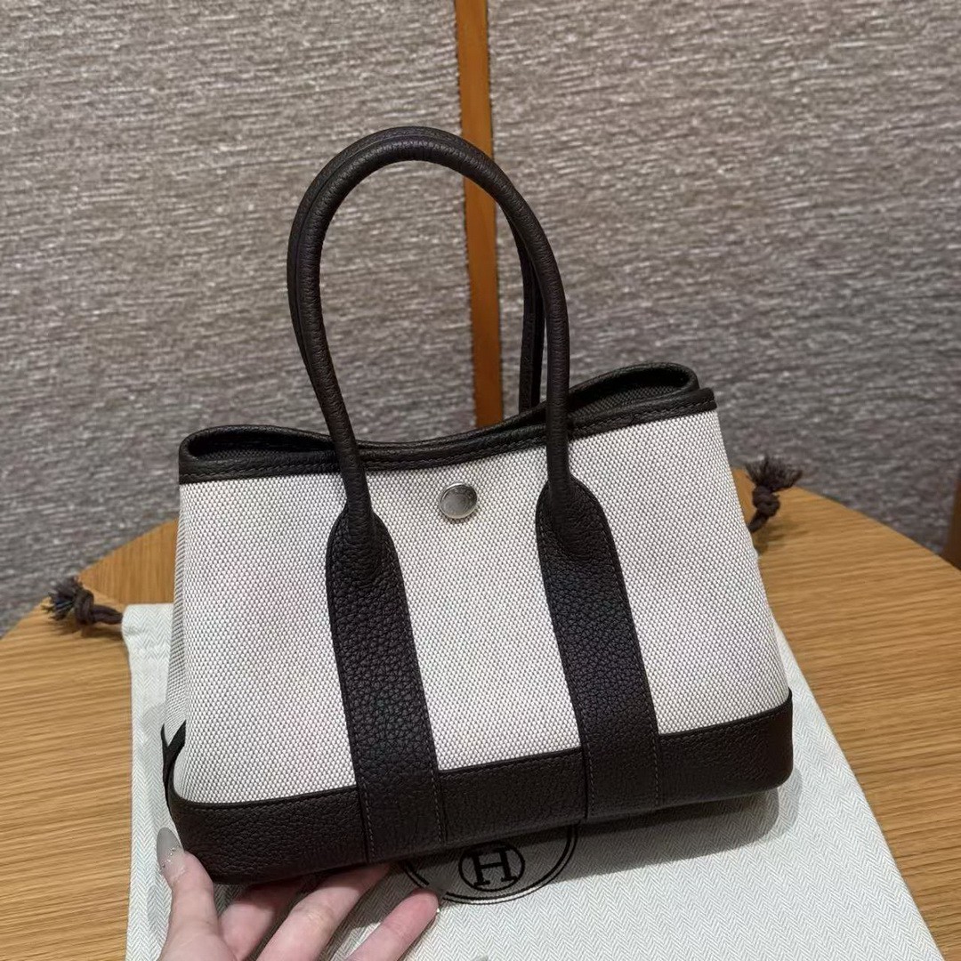 Hermes Neo Garden Party 23 Bag Handmade In Negonda Calfskin Leather And Canbas Silver Hardware Ecru Beige Ebene