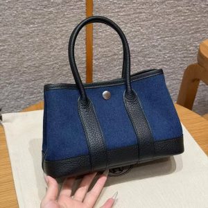 Hermes Neo Garden Party 23 Bag Handmade In Negonda Calfskin Leather And Canbas Silver Hardware Denim Moyen Noir