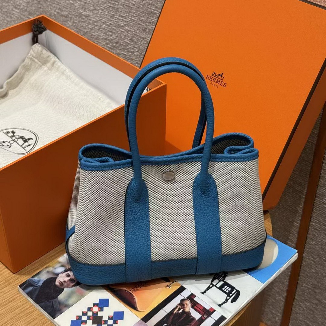 Hermes Neo Garden Party 23 Bag Handmade In Negonda Calfskin Leather And Canbas Silver Hardware Ecru Noir Bleu Outremer - Image 18