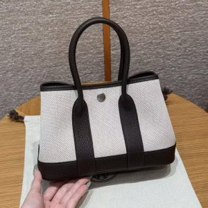 Hermes Neo Garden Party 23 Bag Handmade In Negonda Calfskin Leather And Canbas Silver Hardware Ecru Beige Ebene - Image 2