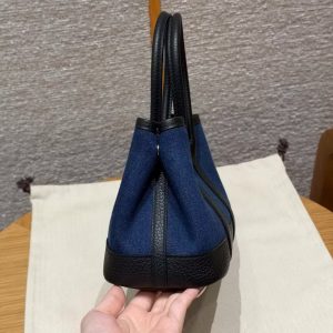 Hermes Neo Garden Party 23 Bag Handmade In Negonda Calfskin Leather And Canbas Silver Hardware Denim Moyen Noir - Image 19