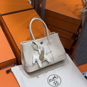 Hermes Neo Garden Party 23 Bag Handmade In Negonda Calfskin Leather Silver Hardware 10 Craie - Image 3