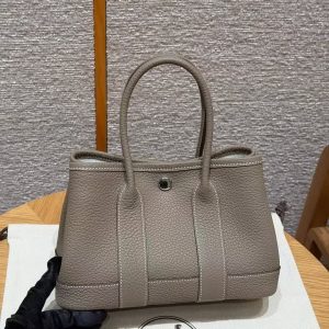 Hermes Neo Garden Party 23 Bag Handmade In Negonda Calfskin Leather Silver Hardware 18 Etoupe - Image 21