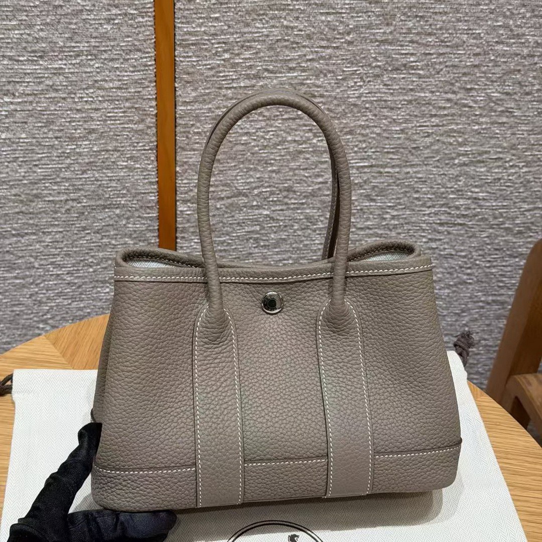 Hermes Neo Garden Party 23 Bag Handmade In Negonda Calfskin Leather Silver Hardware 18 Etoupe - Image 21