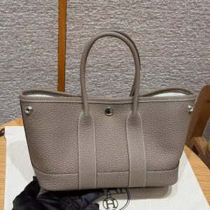 Hermes Neo Garden Party 23 Bag Handmade In Negonda Calfskin Leather Silver Hardware 18 Etoupe - Image 20