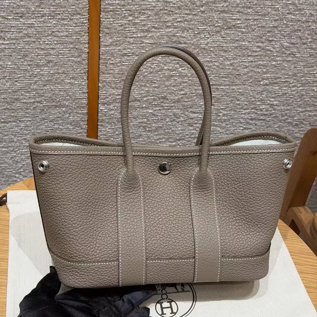 Hermes Neo Garden Party 23 Bag Handmade In Negonda Calfskin Leather Silver Hardware 18 Etoupe - Image 20