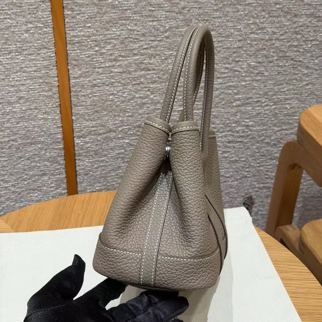 Hermes Neo Garden Party 23 Bag Handmade In Negonda Calfskin Leather Silver Hardware 18 Etoupe - Image 18