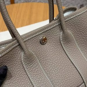 Hermes Neo Garden Party 23 Bag Handmade In Negonda Calfskin Leather Silver Hardware 18 Etoupe - Image 14