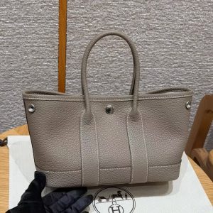 Hermes Neo Garden Party 23 Bag Handmade In Negonda Calfskin Leather Silver Hardware 18 Etoupe - Image 13