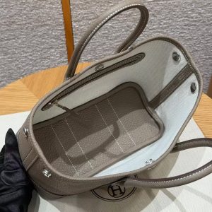 Hermes Neo Garden Party 23 Bag Handmade In Negonda Calfskin Leather Silver Hardware 18 Etoupe - Image 10