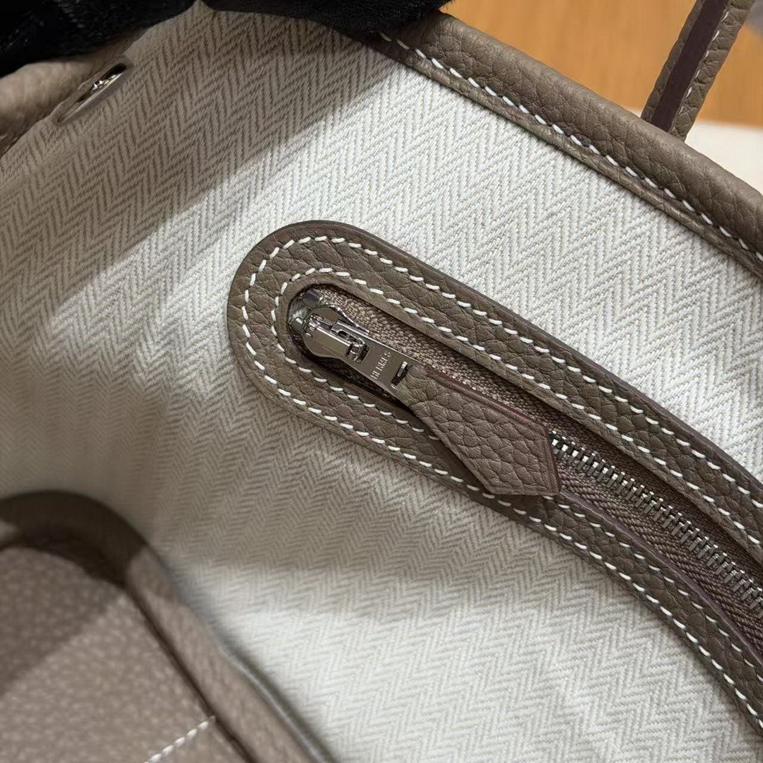 Hermes Neo Garden Party 23 Bag Handmade In Negonda Calfskin Leather Silver Hardware 18 Etoupe - Image 8