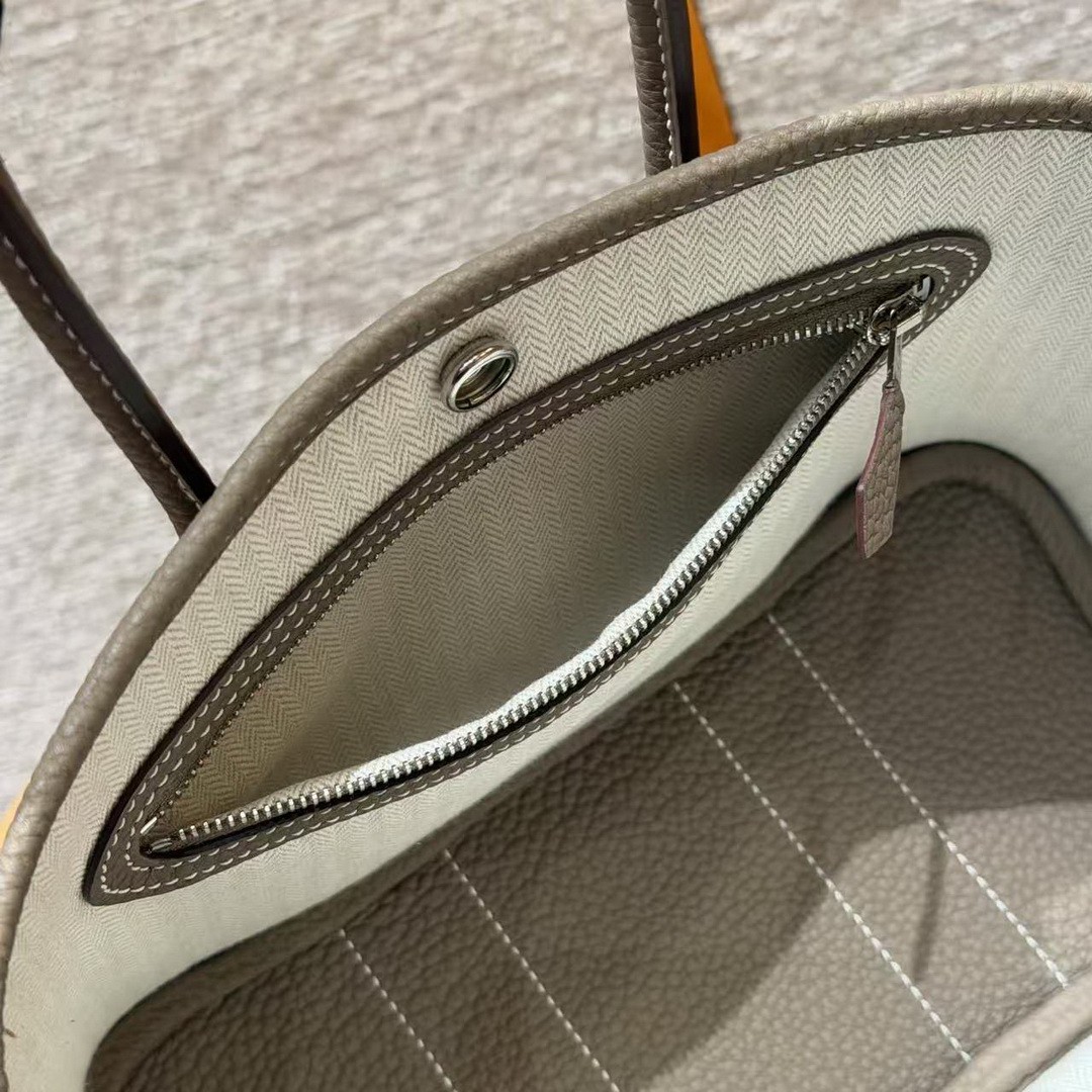 Hermes Neo Garden Party 23 Bag Handmade In Negonda Calfskin Leather Silver Hardware 18 Etoupe - Image 7