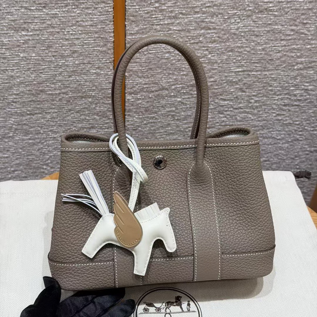Hermes Neo Garden Party 23 Bag Handmade In Negonda Calfskin Leather Silver Hardware 18 Etoupe