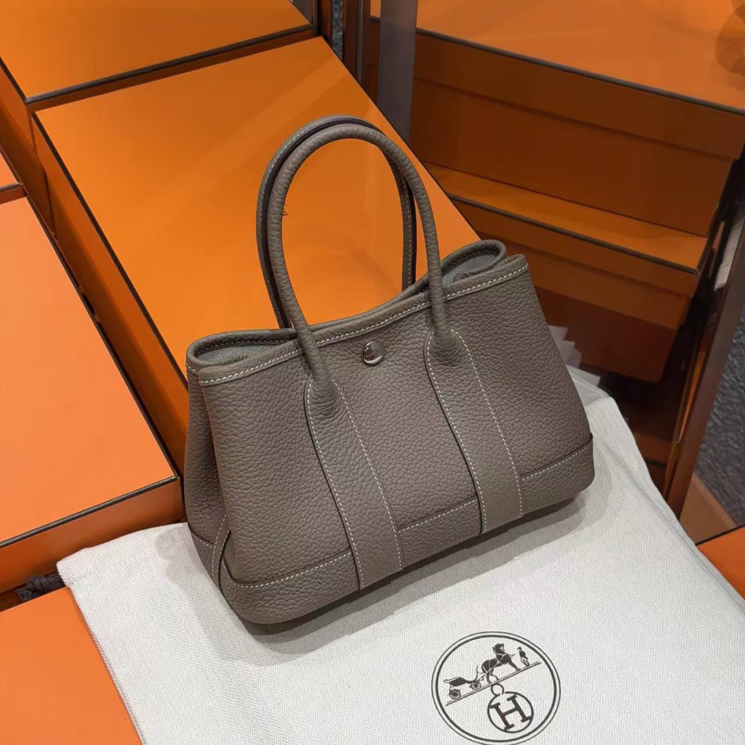 Hermes Neo Garden Party 23 Bag Handmade In Negonda Calfskin Leather Silver Hardware 18 Etoupe - Image 3