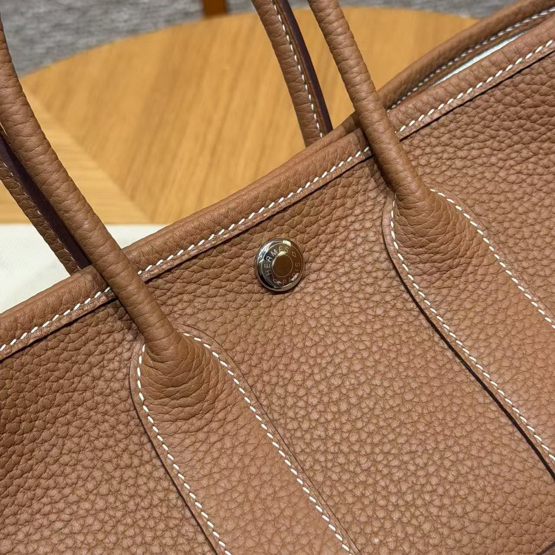 Hermes Neo Garden Party 23 Bag Handmade In Negonda Calfskin Leather Silver Hardware 37 Gold - Image 13