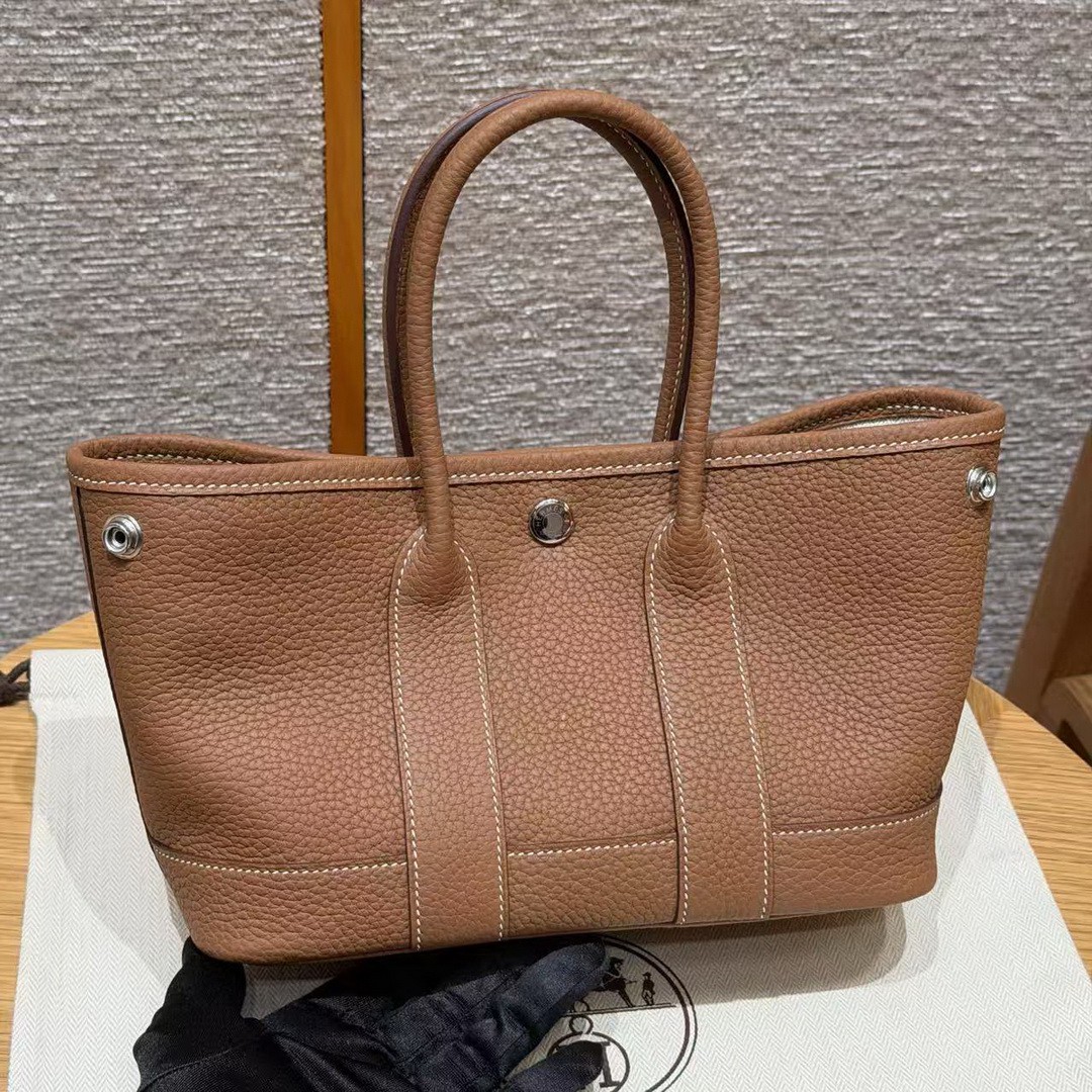 Hermes Neo Garden Party 23 Bag Handmade In Negonda Calfskin Leather Silver Hardware 37 Gold - Image 12
