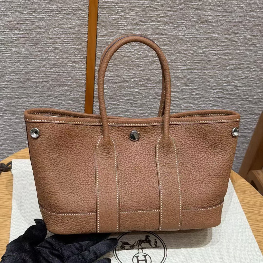Hermes Neo Garden Party 23 Bag Handmade In Negonda Calfskin Leather Silver Hardware 37 Gold - Image 11