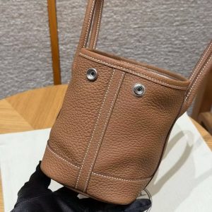 Hermes Neo Garden Party 23 Bag Handmade In Negonda Calfskin Leather Silver Hardware 37 Gold - Image 10