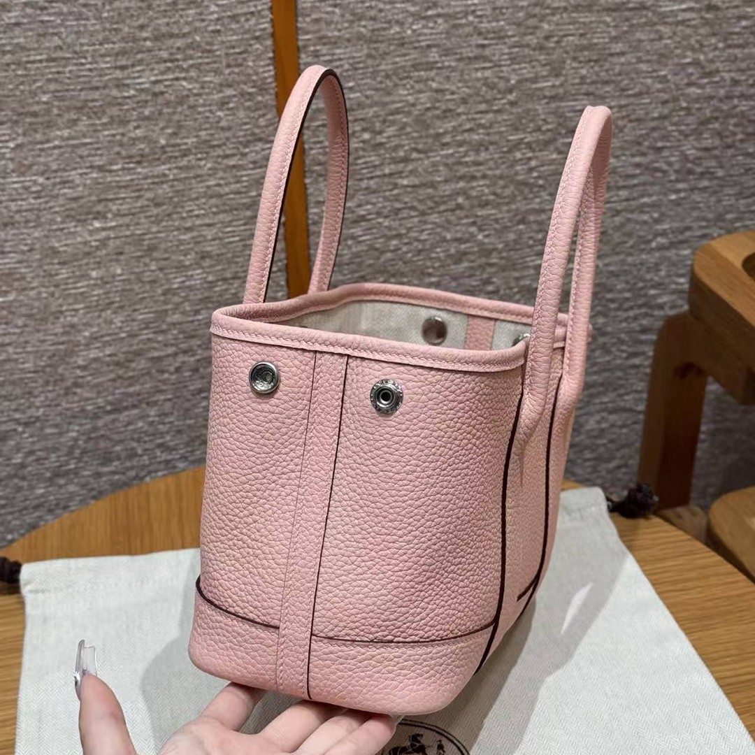 Hermes Neo Garden Party 23 Bag Handmade In Negonda Calfskin Leather Silver Hardware 3Q Rose Sakura - Image 12