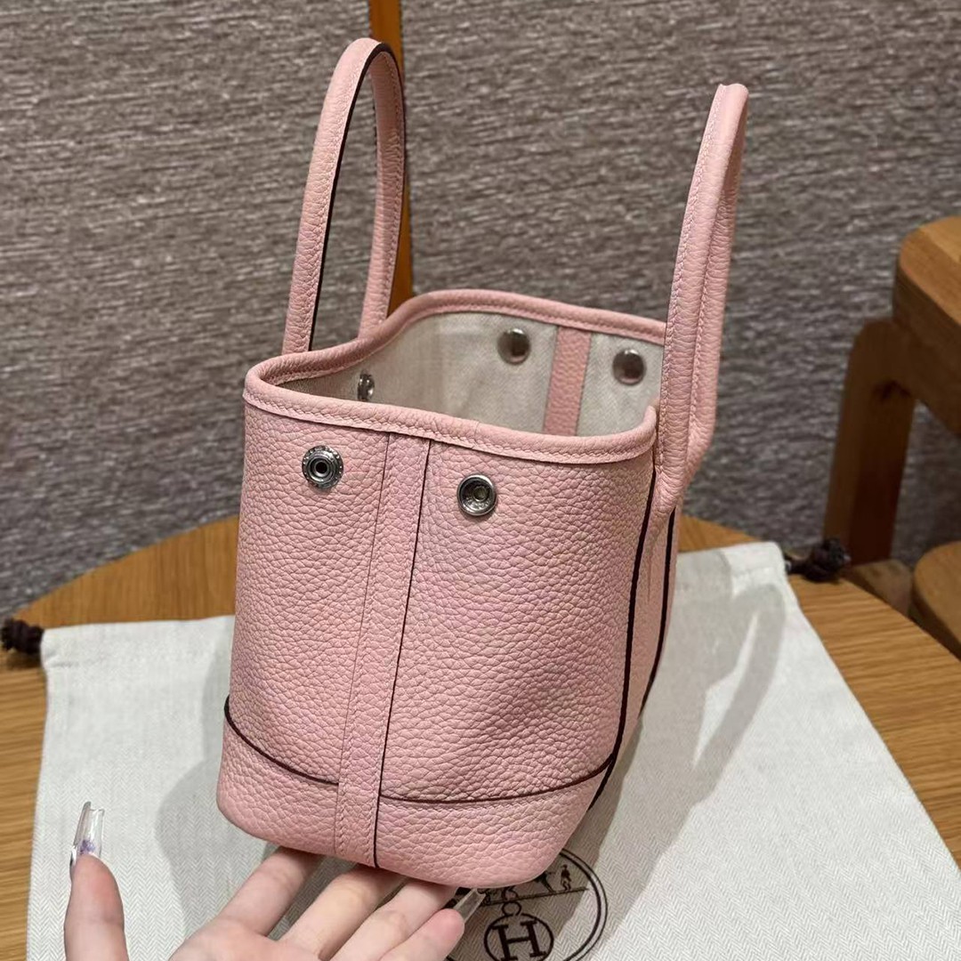 Hermes Neo Garden Party 23 Bag Handmade In Negonda Calfskin Leather Silver Hardware 3Q Rose Sakura - Image 11