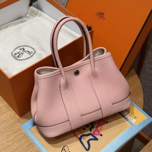 Hermes Neo Garden Party 23 Bag Handmade In Negonda Calfskin Leather Silver Hardware 3Q Rose Sakura - Image 4