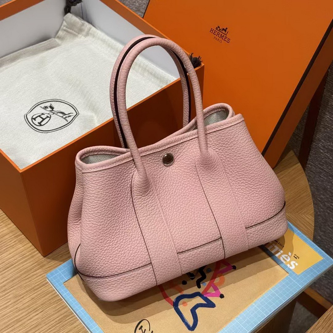 Hermes Neo Garden Party 23 Bag Handmade In Negonda Calfskin Leather Silver Hardware 3Q Rose Sakura - Image 4