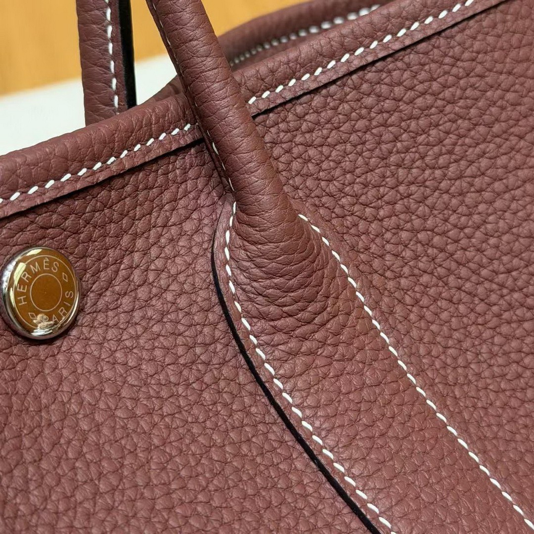 Hermes Neo Garden Party 23 Bag Handmade In Negonda Calfskin Leather Silver Hardware 55 Rouge H - Image 5
