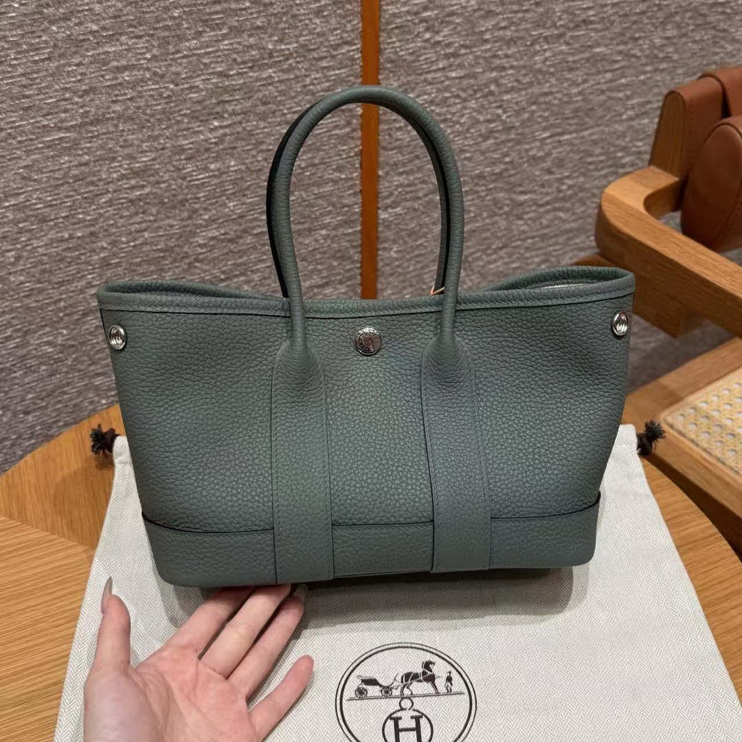 Hermes Neo Garden Party 23 Bag Handmade In Negonda Calfskin Leather Silver Hardware 63 Vert Amanda - Image 2