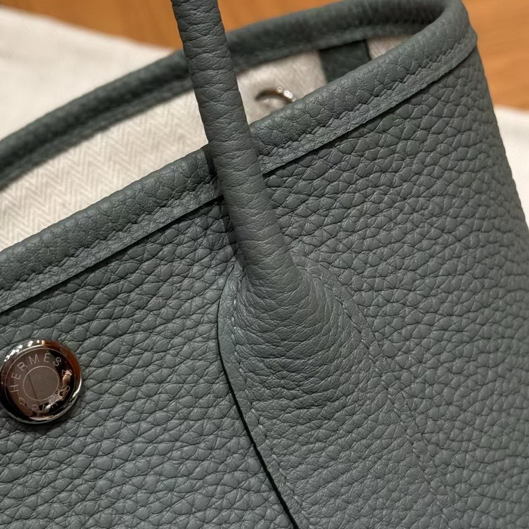 Hermes Neo Garden Party 23 Bag Handmade In Negonda Calfskin Leather Silver Hardware 63 Vert Amanda - Image 11