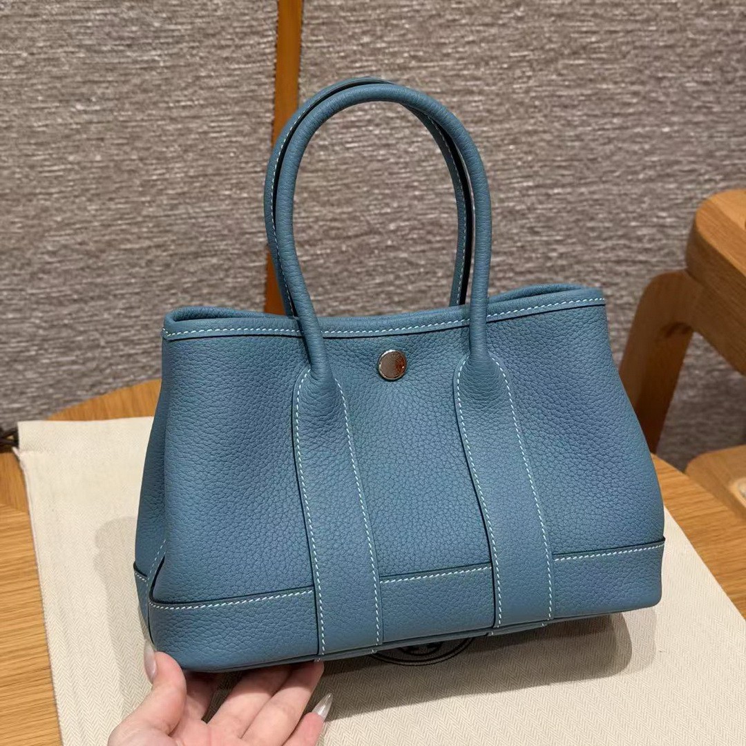 Hermes Neo Garden Party 23 Bag Handmade In Negonda Calfskin Leather Silver Hardware 75 Blue Jean