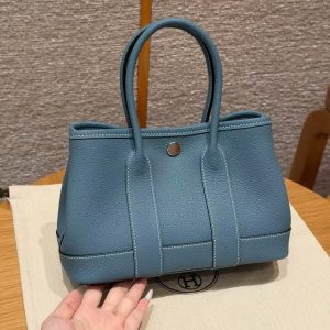 Hermes Neo Garden Party 23 Bag Handmade In Negonda Calfskin Leather Silver Hardware 75 Blue Jean - Image 2