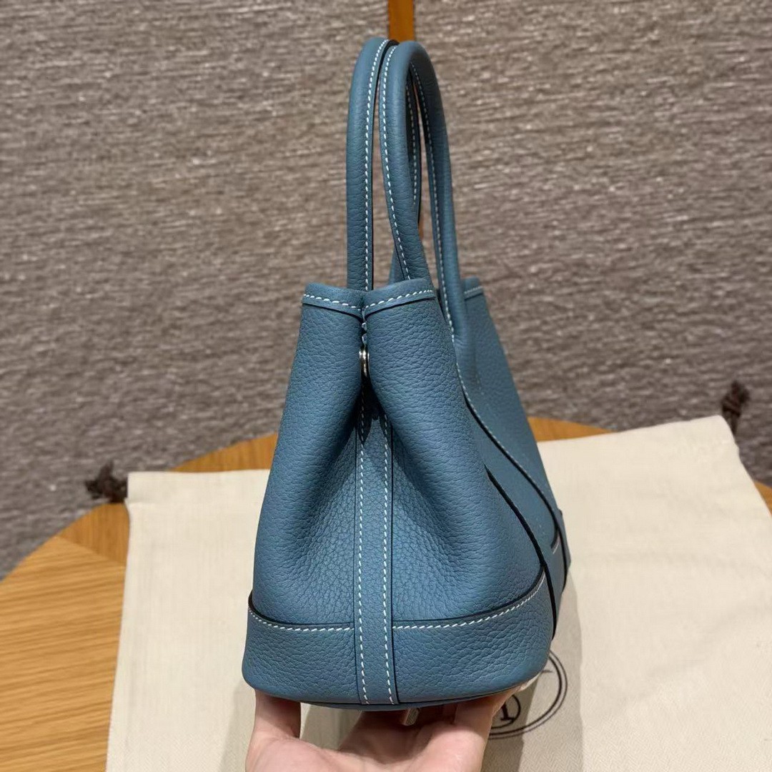 Hermes Neo Garden Party 23 Bag Handmade In Negonda Calfskin Leather Silver Hardware 75 Blue Jean - Image 19