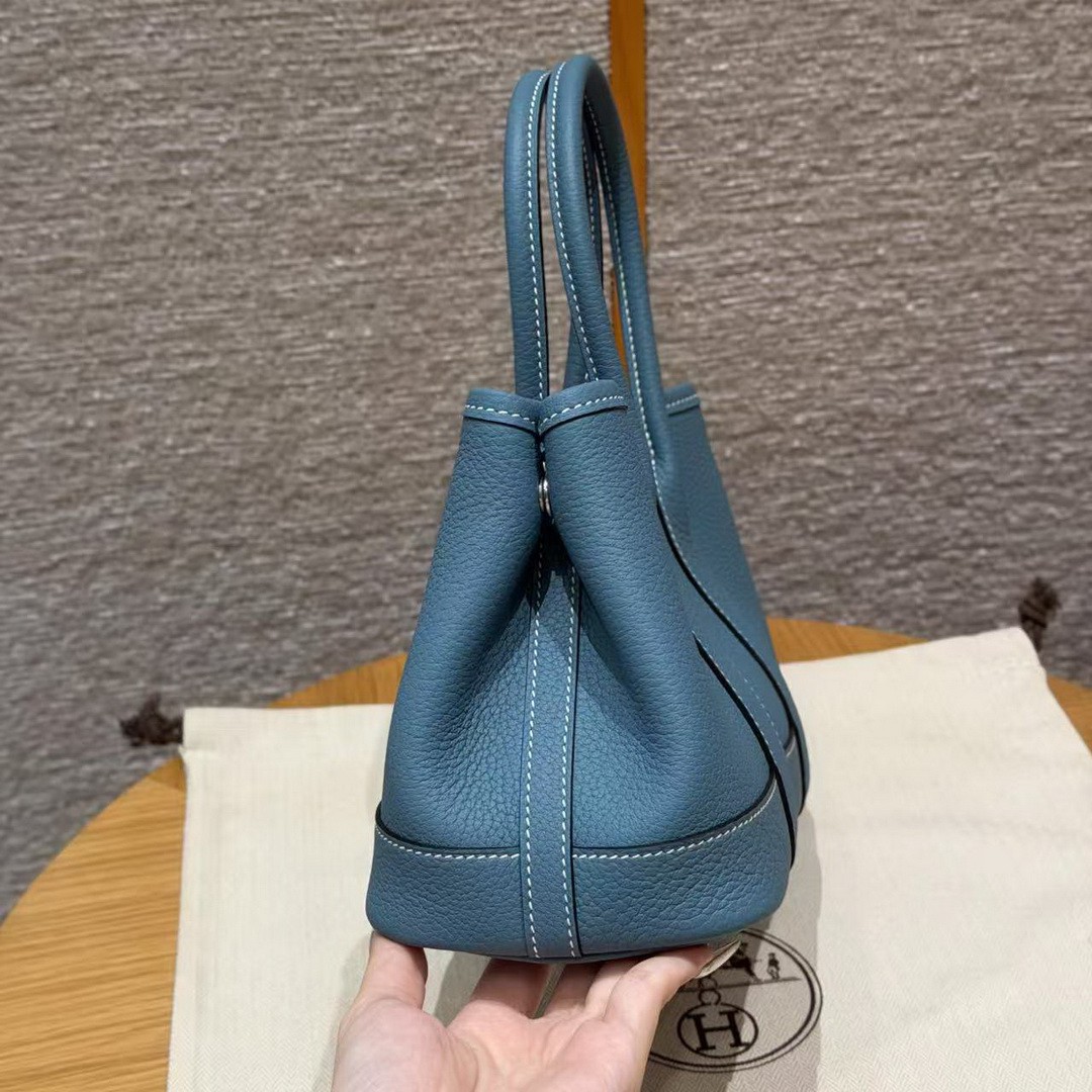 Hermes Neo Garden Party 23 Bag Handmade In Negonda Calfskin Leather Silver Hardware 75 Blue Jean - Image 18