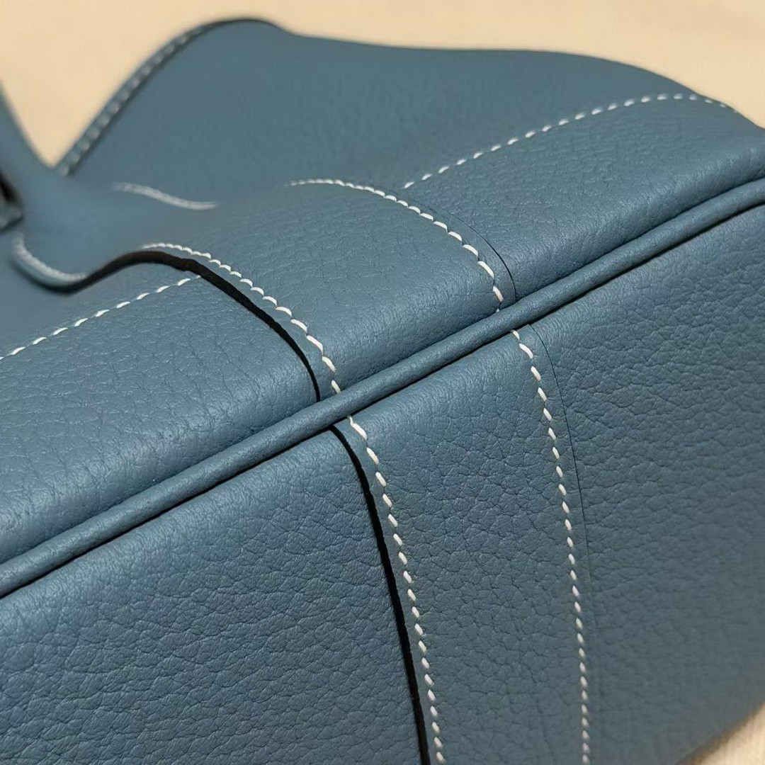 Hermes Neo Garden Party 23 Bag Handmade In Negonda Calfskin Leather Silver Hardware 75 Blue Jean - Image 13