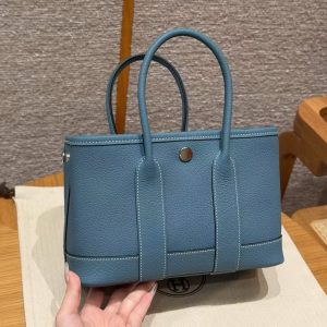 Hermes Neo Garden Party 23 Bag Handmade In Negonda Calfskin Leather Silver Hardware 75 Blue Jean - Image 12