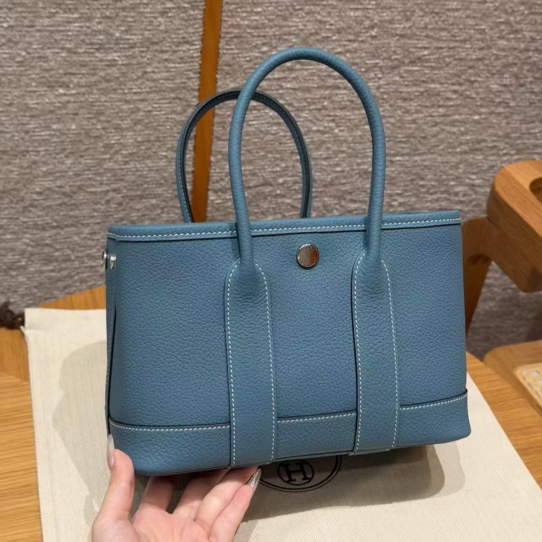 Hermes Neo Garden Party 23 Bag Handmade In Negonda Calfskin Leather Silver Hardware 75 Blue Jean - Image 12