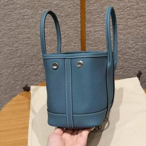 Hermes Neo Garden Party 23 Bag Handmade In Negonda Calfskin Leather Silver Hardware 75 Blue Jean - Image 11