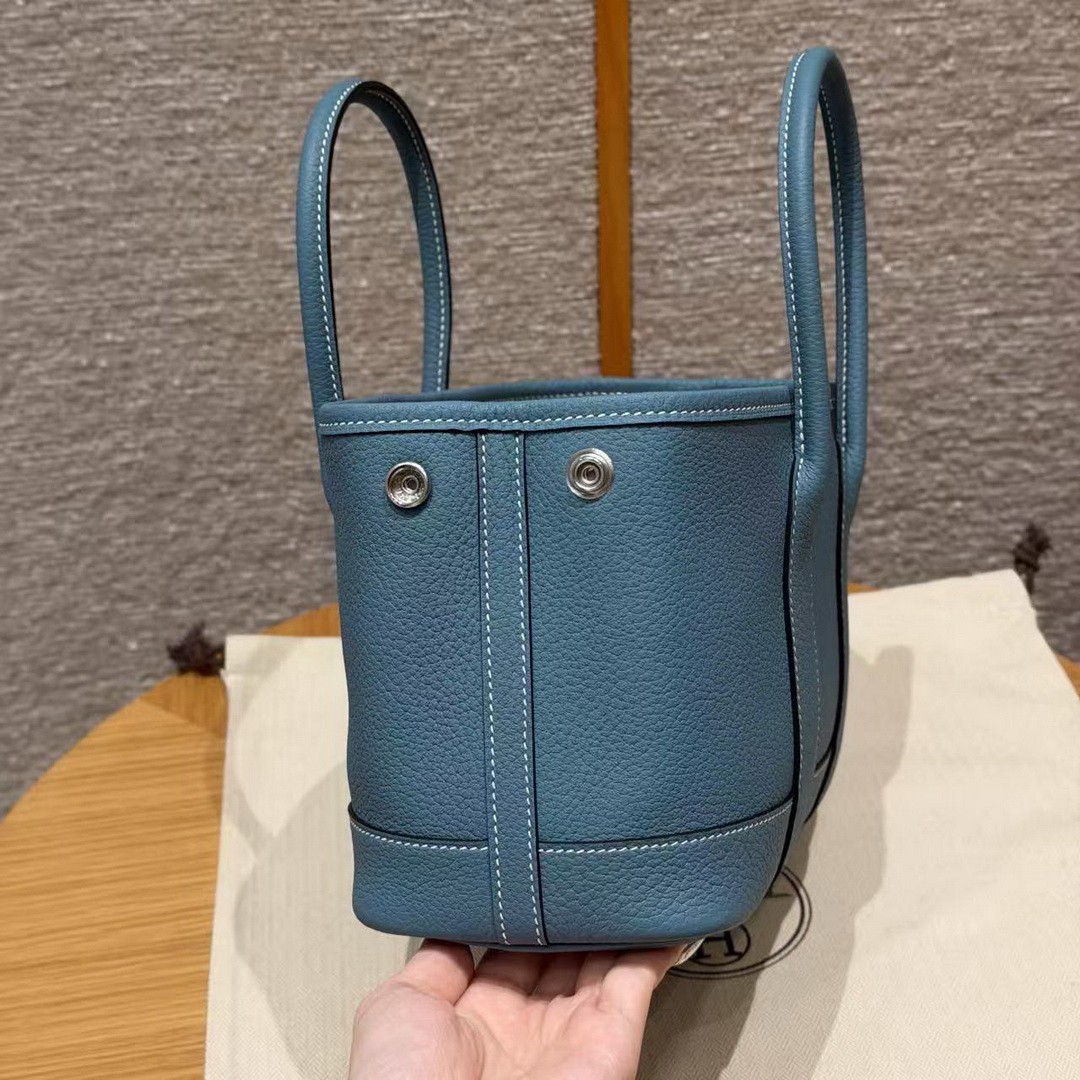 Hermes Neo Garden Party 23 Bag Handmade In Negonda Calfskin Leather Silver Hardware 75 Blue Jean - Image 11