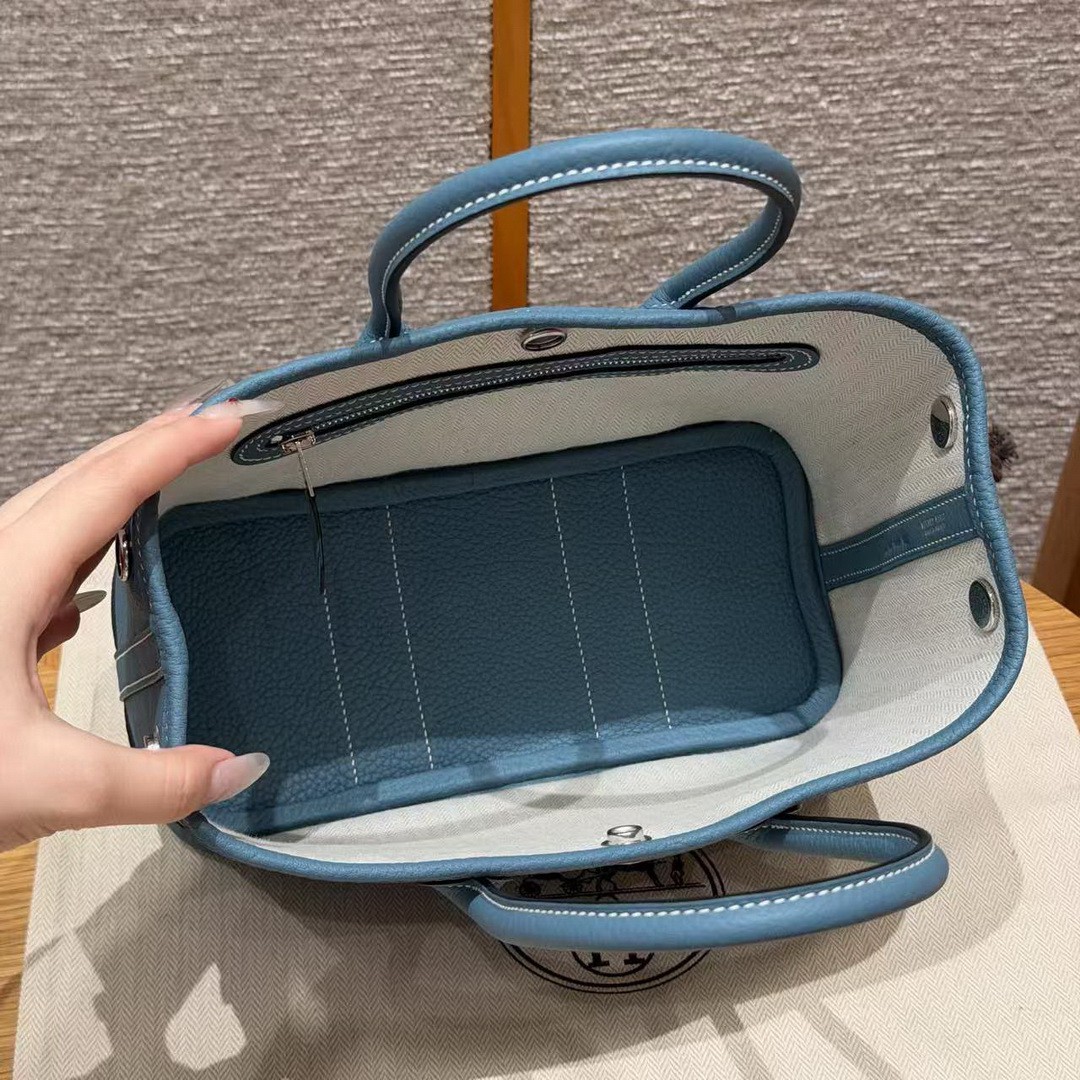Hermes Neo Garden Party 23 Bag Handmade In Negonda Calfskin Leather Silver Hardware 75 Blue Jean - Image 10