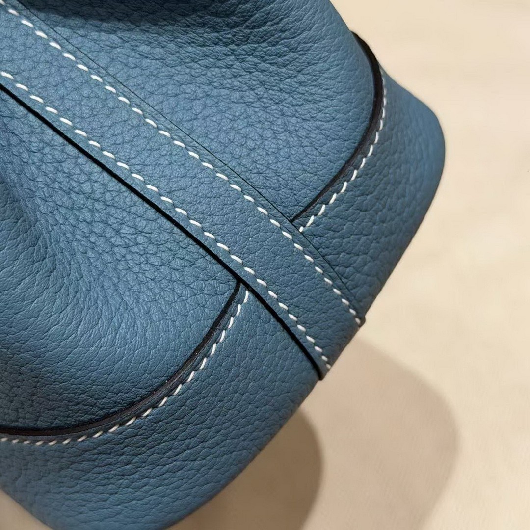 Hermes Neo Garden Party 23 Bag Handmade In Negonda Calfskin Leather Silver Hardware 75 Blue Jean - Image 9